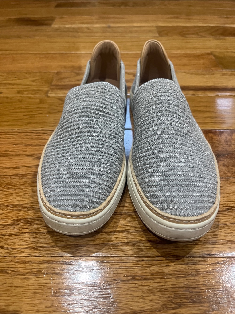 UGG Woman’s Slip-On Knit Loafers in Light Gray metallic